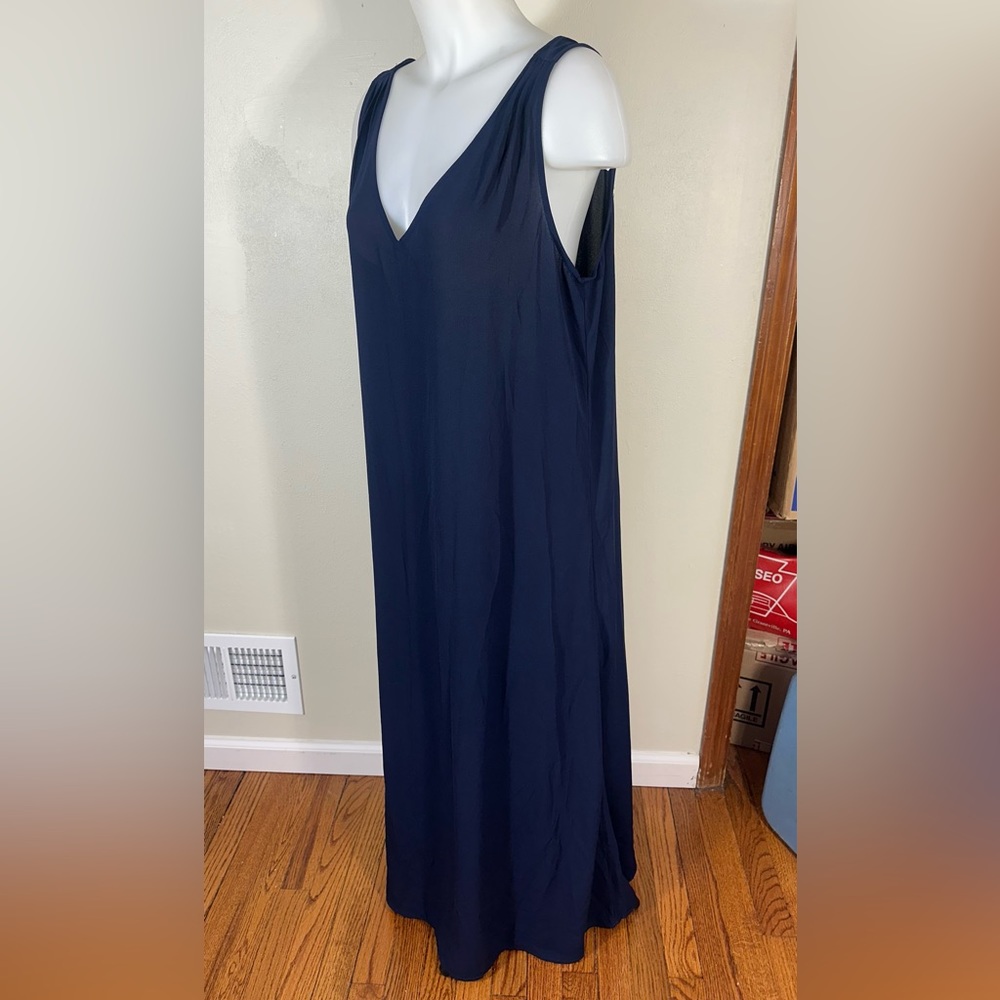 J Crew M Crepe Slip Dress Double V Neck Back Maxi Long Tank Boho Navy Blue A7837 - Picture 4 of 9